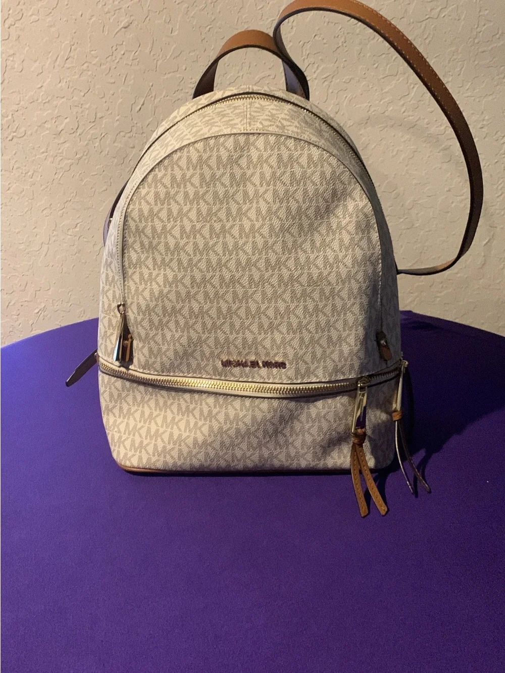 Michael Kors Beige Signature Mini Backpack with Brown Trim
